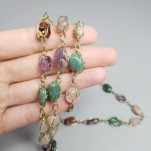 Vintage Multicolor Polished Stone Glass Wired Long Chunky Necklace, 32 Inches